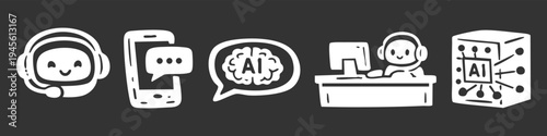 Set of hand-drawn white doodle icons on a black background featuring AI chatbots, robots with headsets, and neural networks, ideal for representing artificial intelligence customer support.