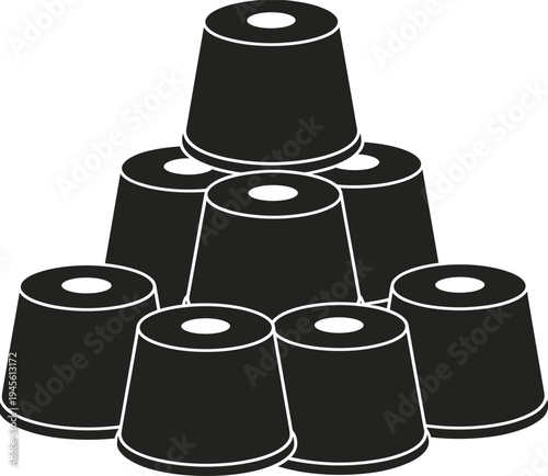 Plastic cup stack silhouette illustration, disposable drink cups pyramid, party beverage container set, catering drinkware concept, minimal vector design