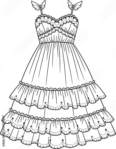 Detailed black and white line drawing of ornate tiered dress with scalloped lace trim, decorative bodice, layered skirt, whimsical fashion design, and creative artwork illustration