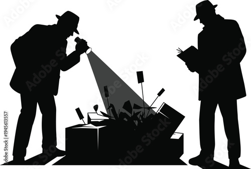 Detective investigators examining crime scene evidence box with flashlight and notebook, forensic investigation mystery silhouette police search criminal case concept