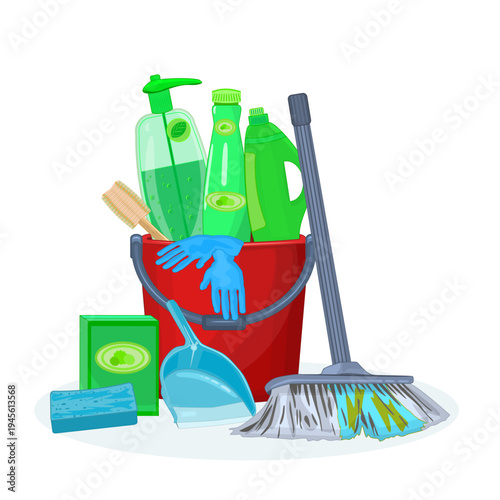 Cleaning supplies set with bucket on white background. Cleaning service or housework kit with bucket, broom, dustpan, detergent bottles, rubber gloves, scrub brush and sponge. Vector illustration