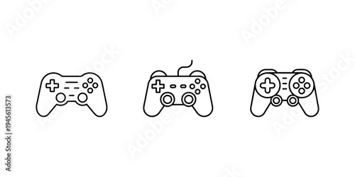 Video game controller vector icon set isolated on white background, black and white outline illustration of gamepad symbol