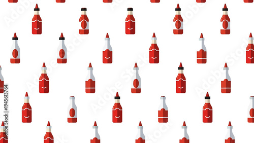 Seamless pattern of various glass bottles filled with red sauce, condiments, and dressings for food