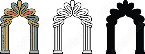 Classical archway silhouette & Outline and illustration set isolated on transparent background