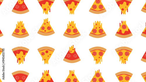 Seamless pattern of delicious cheesy pizza slices with dripping cheese, perfect for food-themed designs and culinary backgrounds