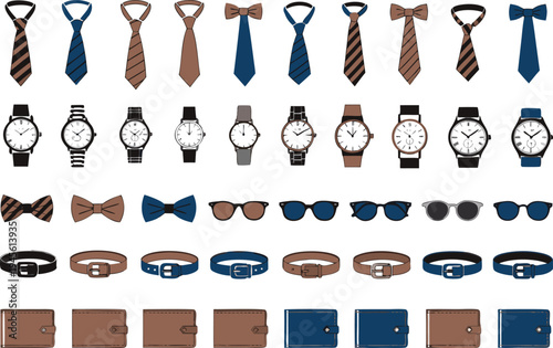 A collection of men's accessories including ties, bowties, watches, sunglasses, belts, and wallets in various colors and styles