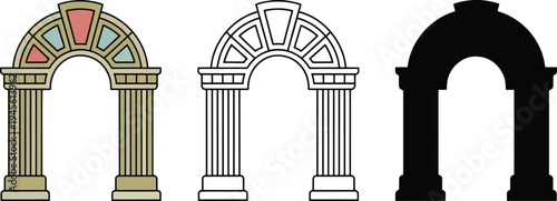 Classical archway silhouette & Outline and illustration set isolated on transparent background