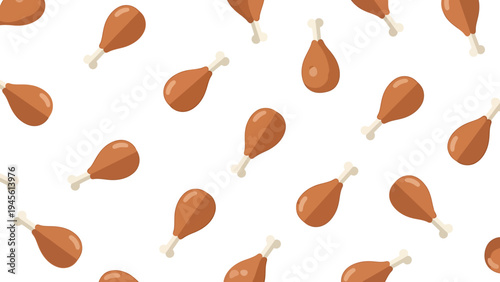 Seamless Pattern of Delicious Golden-Brown Cooked Chicken Drumsticks Scattered on a Pristine White Background, Perfect for Food-Related Designs and Restaurant Menus