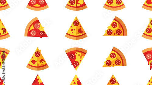 A vibrant and playful pattern featuring an assortment of delicious pizza slices, perfect for food-related designs and culinary themes