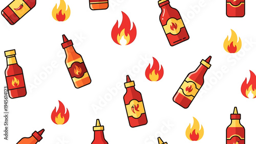 Vibrant hot sauce bottles with fiery flame accents creating a dynamic seamless pattern, perfect for a spicy culinary concept design