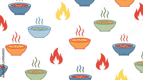 Seamless pattern of steaming hot soup bowls and flames on a white background, perfect for food-related designs