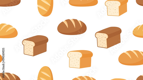 Delicious baked bread variety pattern with different types of loaves on a white background, perfect for food-related designs