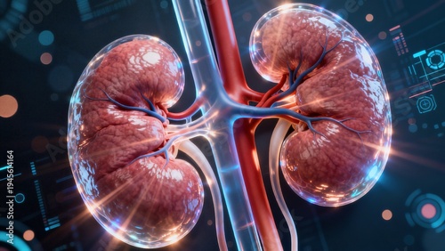 Wallpaper Mural High-Tech Human Kidney Anatomy Visualization: 3D Medical Models of Kidneys (Showcasing Vascular Systems, Renal Structures, and Futuristic Color-Coded Diagrams) Set Against Scientific Backdrops Torontodigital.ca