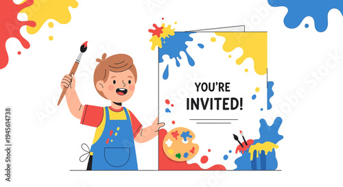 Child Artist Invites to Creative Art Party with Paint Splatters