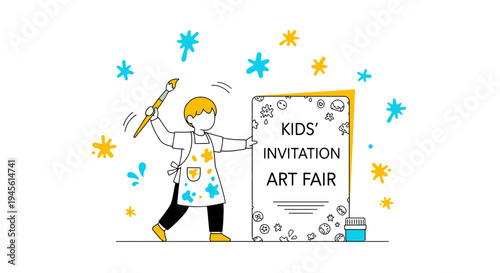 Child artist painting invitation for art fair, creative education concept