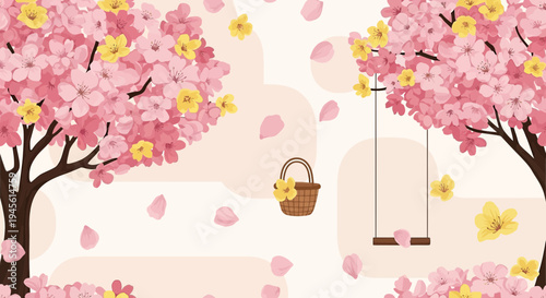 Cherry Blossom Spring Scene with Swing and Basket, Falling Petals