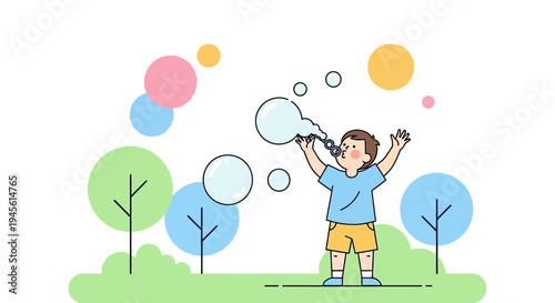 Child Blowing Bubbles in a Park, Summer Fun, Outdoor Activity, Flat Illustration