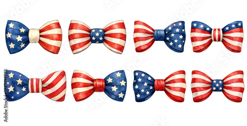 A watercolor collection of patriotic USA flag bow ties for Independence Day outfits, patriotic party decorations, holiday invitations, and American celebration designs.