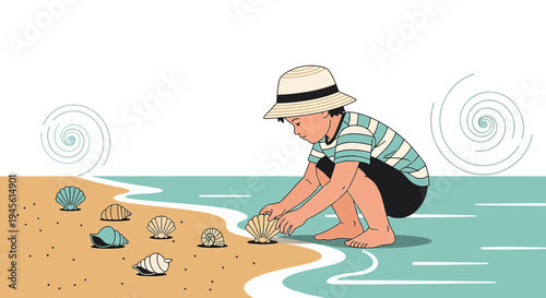 Child Collecting Seashells on Sandy Beach - Summer Vacation Illustration