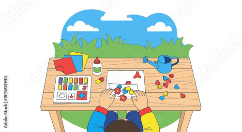 Child crafting floral art with colorful paper shapes on wooden table