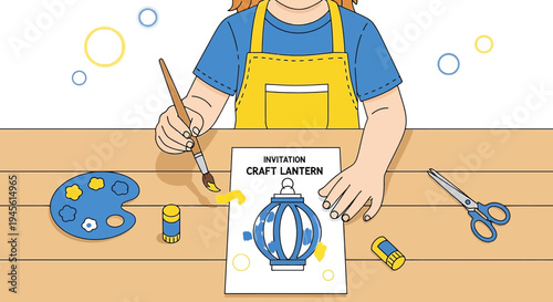 Child Crafting Lantern Invitation Design: Painting, Scissors, Palette