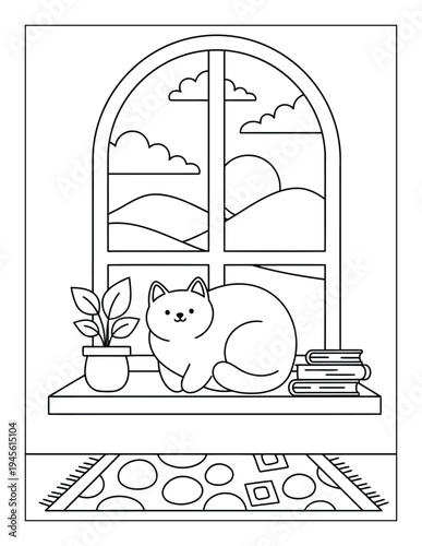 Cat resting on window sill with books and plant cute outline coloring page for kids