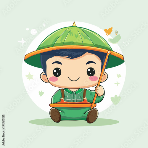 Cute chibi farmer boy wearing a conical hat and holding a stick.
