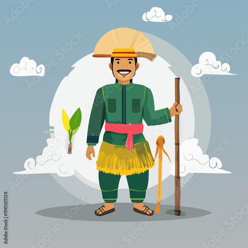 Smiling Asian farmer in traditional dress holding a wooden staff.