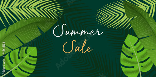 Vibrant summer sale banner with green tropical leaves background,