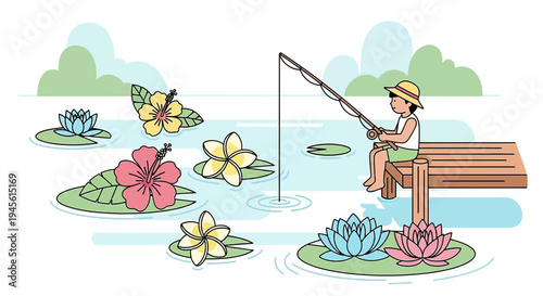 Child Fishing Surrounded by Tropical Flowers and Water Lilies on a Dock