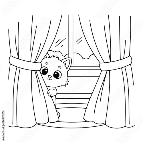 Cat peeking through curtains on window sill cute coloring page outline illustration
