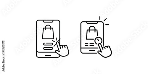 Smartphone screen with shopping bag icon and finger pointing gesture for mobile online shopping e-commerce purchase and retail transaction clicks