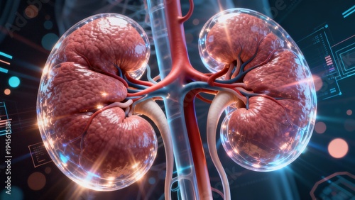 Wallpaper Mural High-Tech Human Kidney Anatomy Visualization: 3D Medical Models of Kidneys (Showcasing Vascular Systems, Renal Structures, and Futuristic Color-Coded Diagrams) Set Against Scientific Backdrops Torontodigital.ca