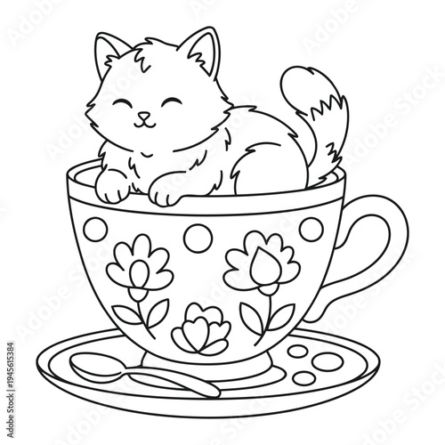 Cat relaxing inside floral teacup in cute cartoon coloring page vector illustration