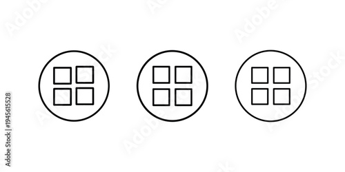 Grid menu button icon set featuring four squares inside circular frames representing application layout dashboard navigation and software interface settings