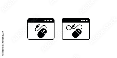 Two icons of computer mouse with USB cable connected to browser window, outline and filled computer input device