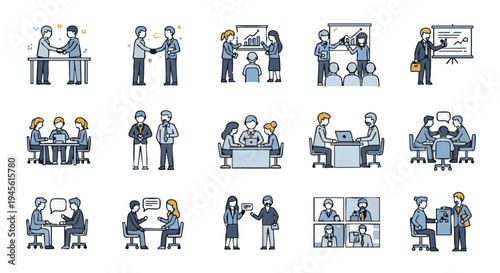 Twenty office people interacting in various business settings and activities interactions