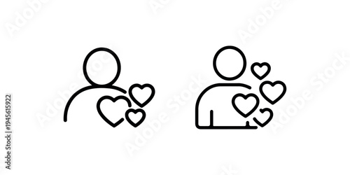 User appreciation profile icon featuring human silhouette with multiple heart shapes representing social media engagement and customer loyalty concepts