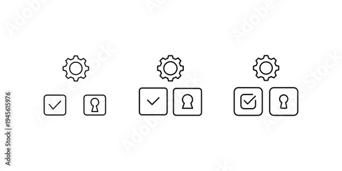 Set of three setting icons in linear style. gear with checkmark and key symbols. administration and access control options