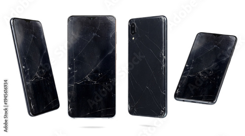 photograph of various broken smartphones with shattered black screens, isolated against a transparent background, showcasing the extent of device damage and the concept of repair.