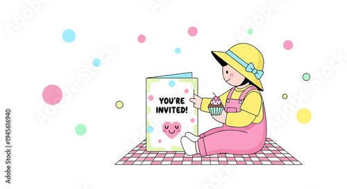 Child reading "You're Invited" card with cupcake, party invitation concept