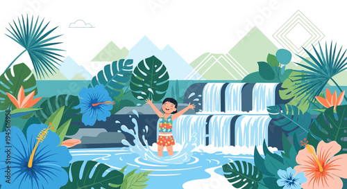 Child Splashing in Tropical Waterfall Surrounded by Exotic Flowers and Leaves