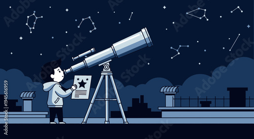 Child Stargazing Through Telescope at Night Sky with Constellations