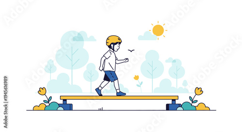 Child Walking on Balance Beam in Park, Outdoor Activity, Summer Fun
