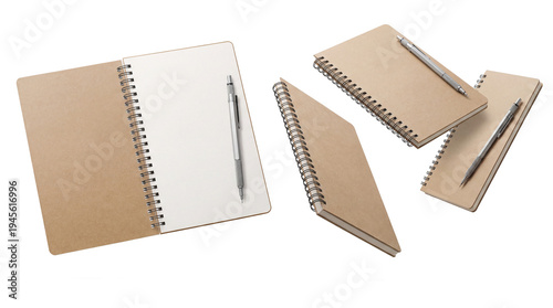 a visually appealing composition of kraft paper notebooks with spiral binding, one open to blank pages with a pencil, and three closed, against a transparent background, contrasting background.