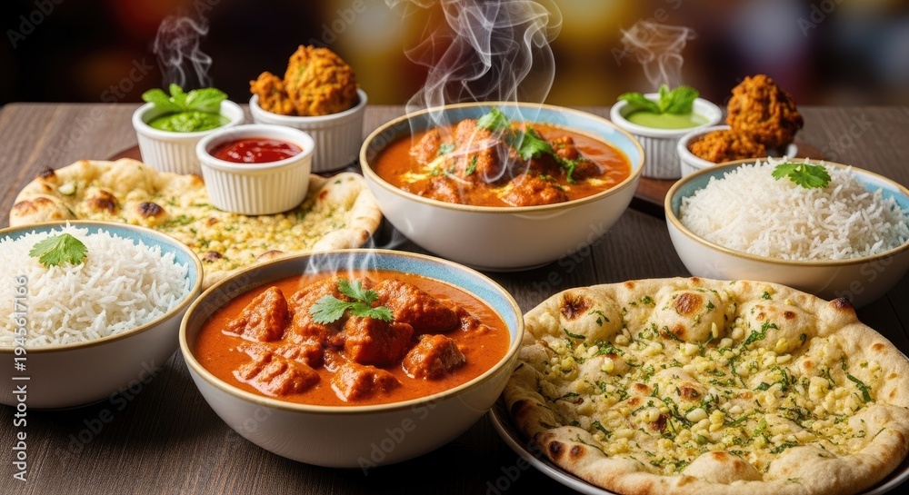 Fototapeta premium Delicious Indian Food Spread with Chicken Curry Rice and Naan