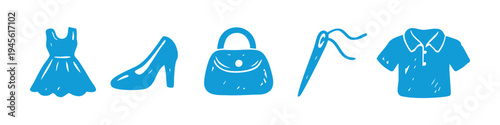 Set of blue hand-drawn fashion and clothing icons featuring a dress, high heel shoe, handbag, needle with thread, and polo shirt. Ideal for sewing, tailoring, and apparel design concepts.