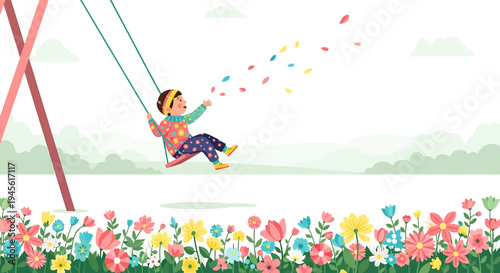 Child on Swing in Spring Meadow with Colorful Flowers and Falling Petals