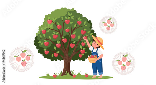 Child Picking Apples from Tree in Orchard, Healthy Harvest Illustration