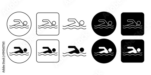 Swimming Sport Athlete Water Activity Icon Set With Outline And Solid Style For Aquatic Exercise
